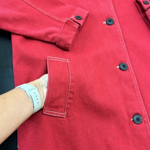 Denim&Co.Red Denim Long Line Jacket Button Front Pockets size Medium Oversized - Picture 4 of 14